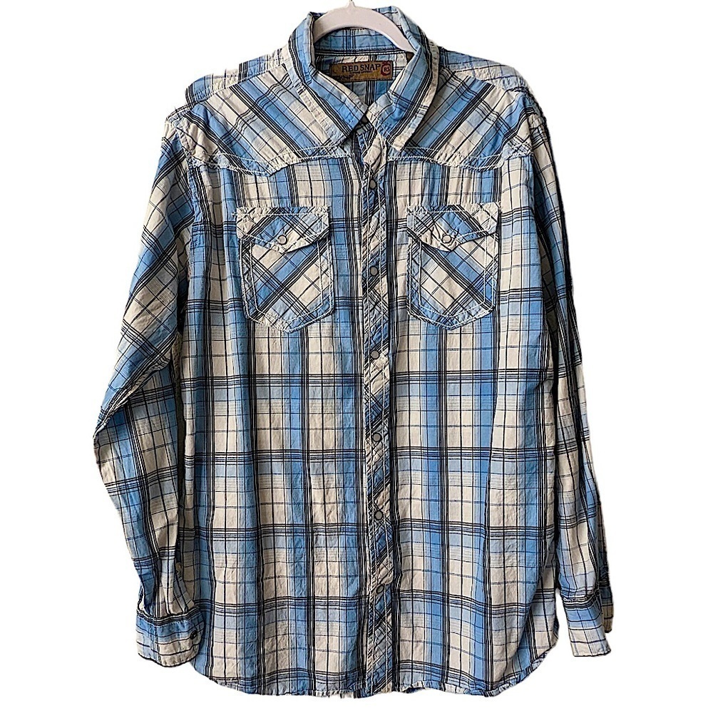 𝅺RED Snap Blue and White Plaid Pearl Snap Western Shirt Size XL